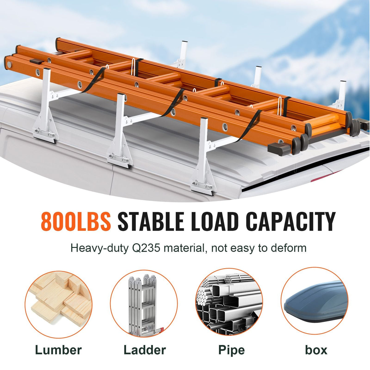Trailer Ladder Rack, 59" Adjustable Roof Rack, 3 Crossbars Van Roof Ladder Rack with Straps, 800 lbs Capacity Steel, Fit for Chevrolet Express 1500 2500 3500/ Ford E150 E250 E350/ GMC Savana
