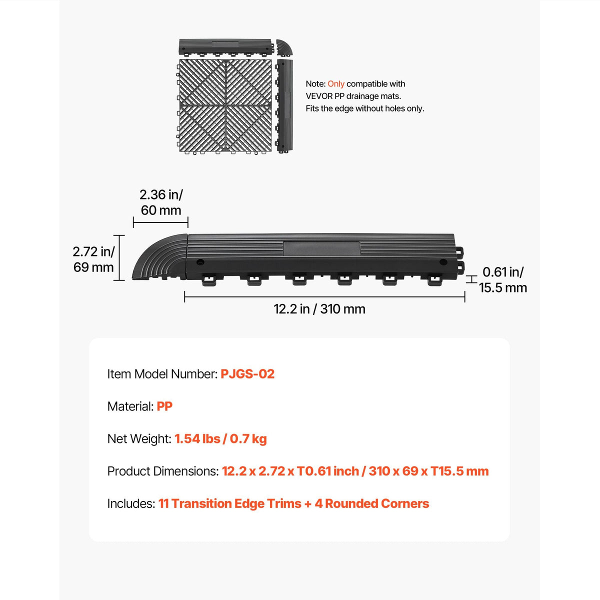 Transition Edge Kit, 11-Piece, Durable PP Interlocking Modular Garage Floor Edging, Easy Installation, Edge Protection for Wet Area Restaurant, Only Compatible with Drainage Mats, Black