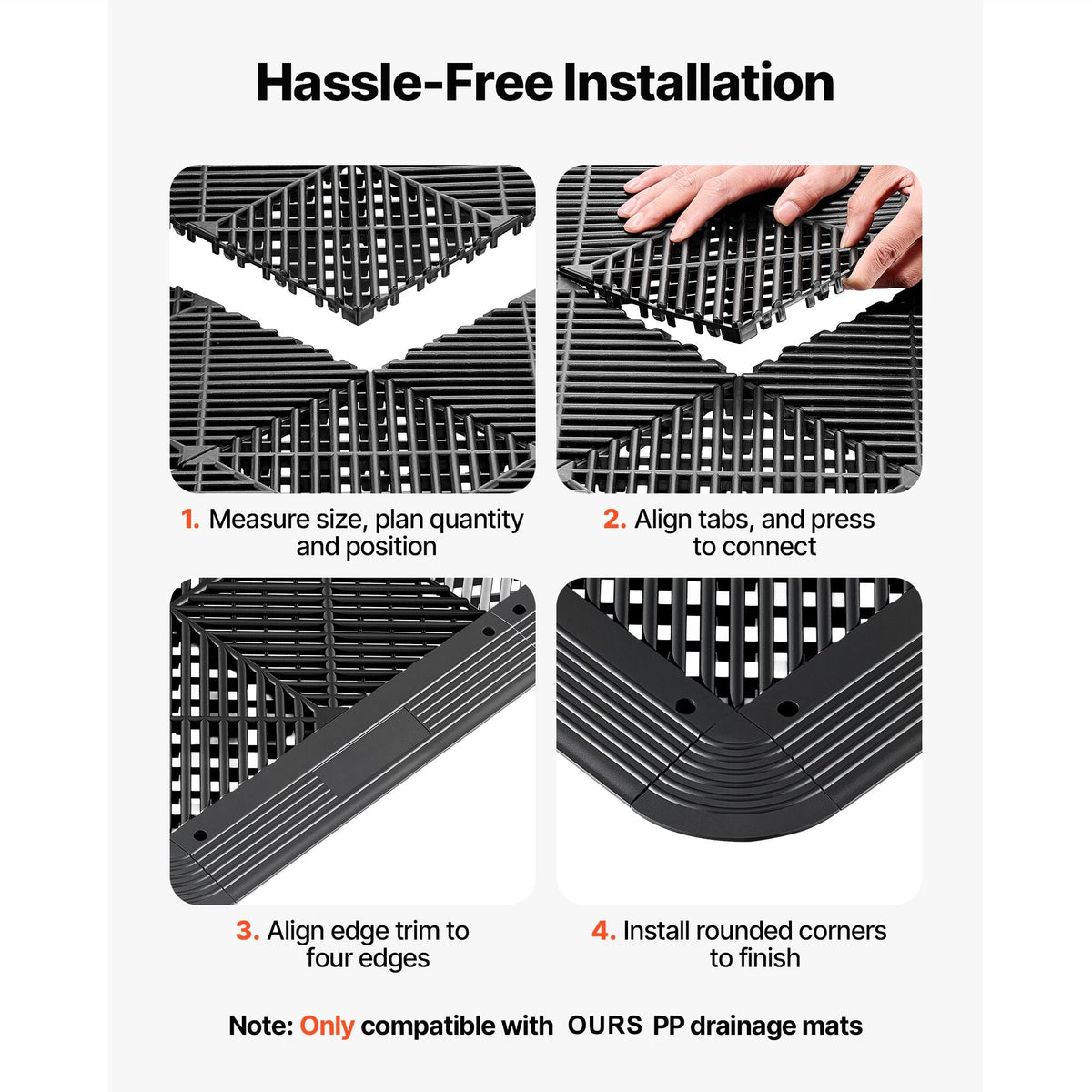Transition Edge Kit, 11-Piece, Durable PP Interlocking Modular Garage Floor Edging, Easy Installation, Edge Protection for Wet Area Restaurant, Only Compatible with Drainage Mats, Black