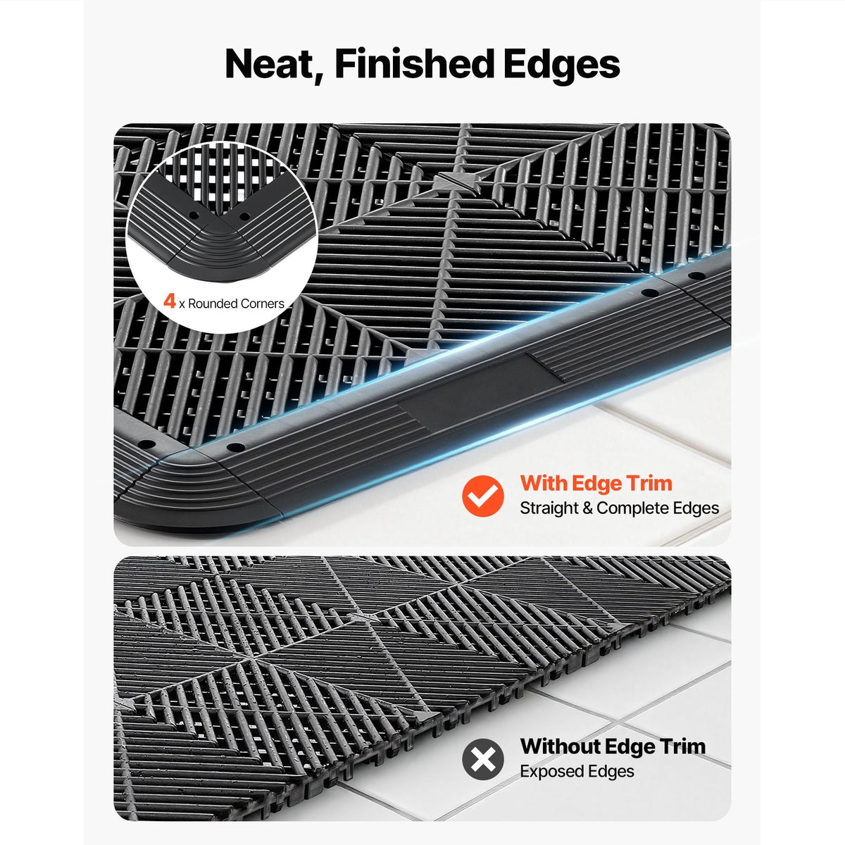 Transition Edge Kit, 11-Piece, Durable PP Interlocking Modular Garage Floor Edging, Easy Installation, Edge Protection for Wet Area Restaurant, Only Compatible with Drainage Mats, Black