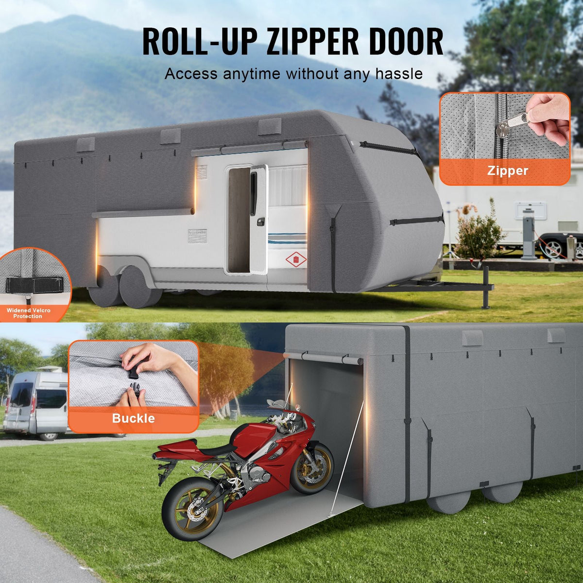 Travel Trailer Cover, 18-20 ft RV Cover, 4-Layer Non-Woven Fabric Camper Cover, Waterproof, Windproof and Rip-Stop Class A RV Cover, with Storage Bag, Repair Patches, Straps and Tire Covers