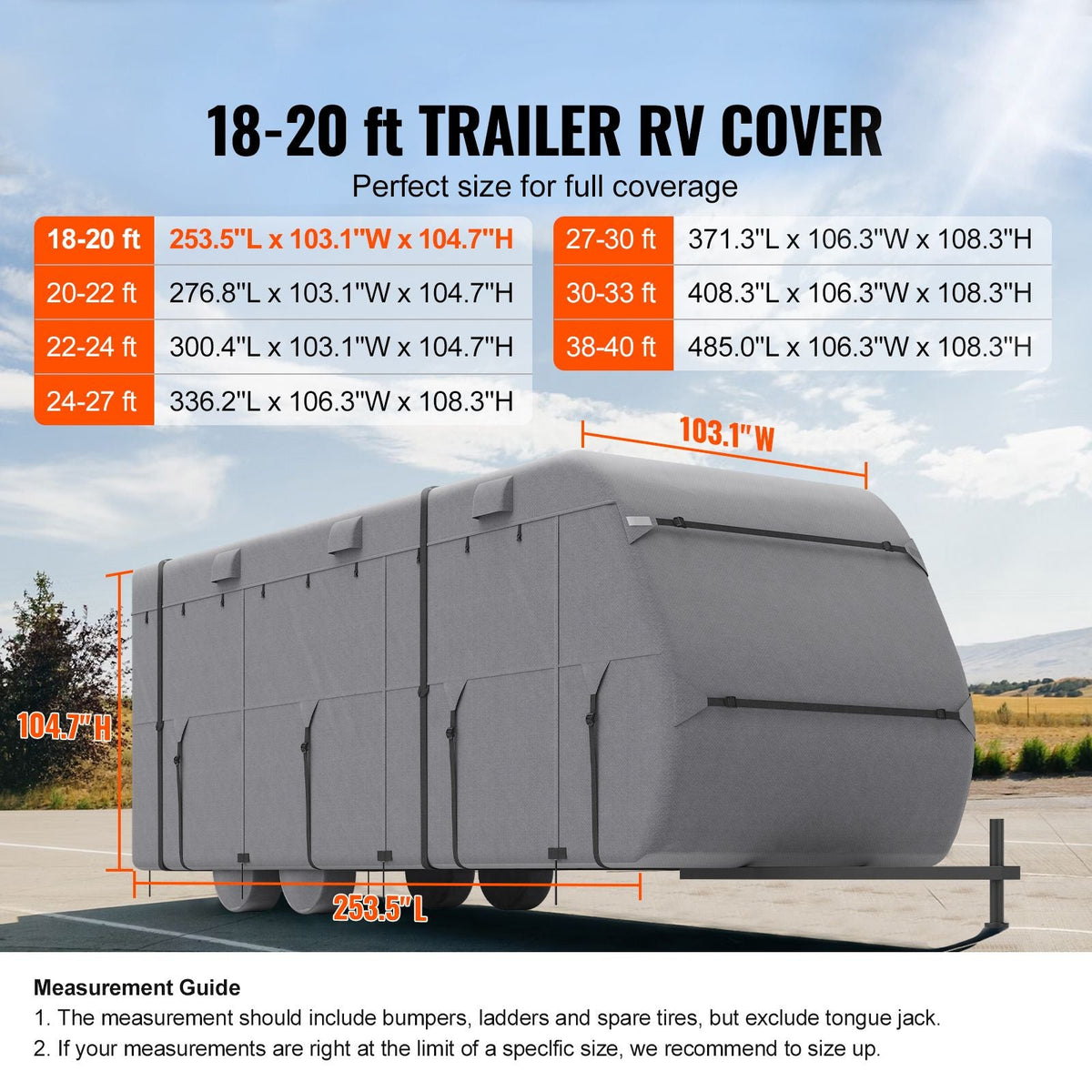Travel Trailer Cover, 18-20 ft RV Cover, 4-Layer Non-Woven Fabric Camper Cover, Waterproof, Windproof and Rip-Stop Class A RV Cover, with Storage Bag, Repair Patches, Straps and Tire Covers