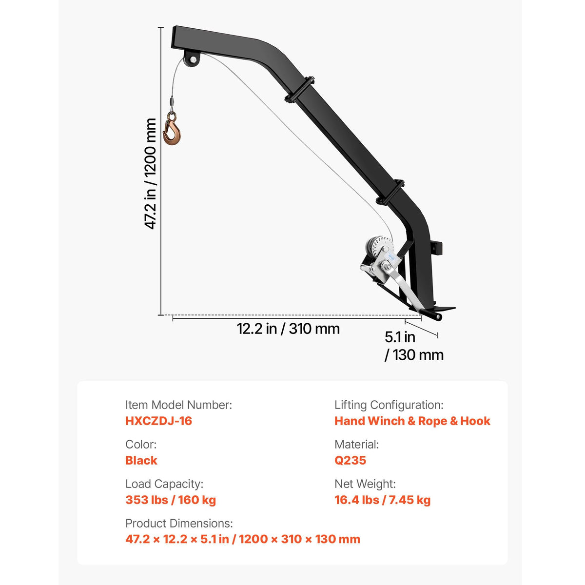 Tree Mounted Deer Hoist, 353 lbs Load Capacity, Hunting Game Hoist Winch Lift with Ratchet Strap, Heavy Duty Deer Hanger for Skinning, Cleaning, Hanging Feed, and Field Dressing, Black