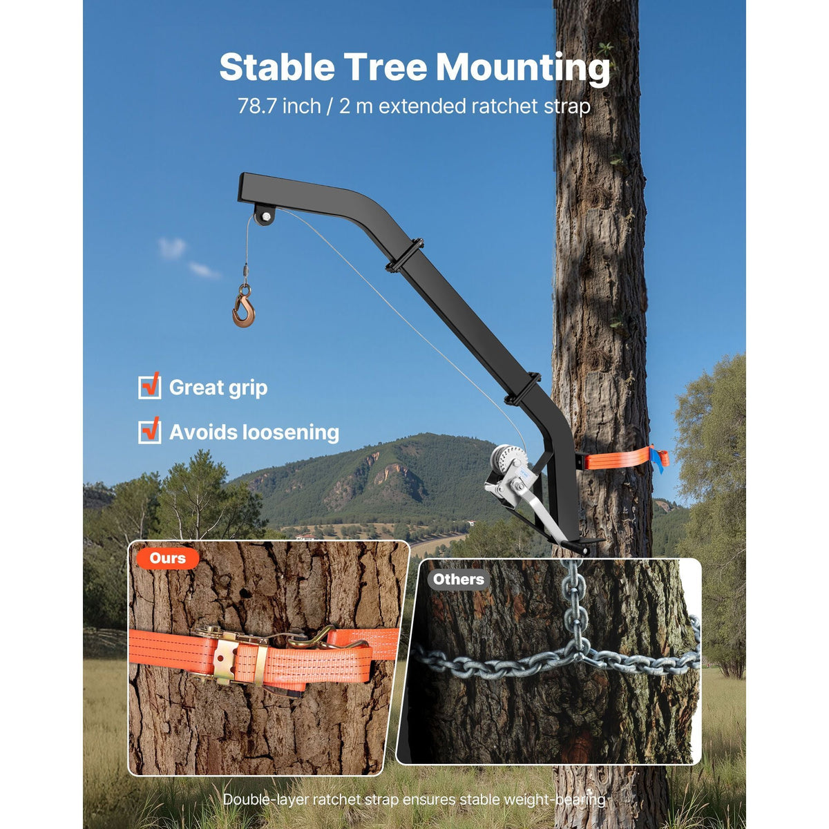 Tree Mounted Deer Hoist, 353 lbs Load Capacity, Hunting Game Hoist Winch Lift with Ratchet Strap, Heavy Duty Deer Hanger for Skinning, Cleaning, Hanging Feed, and Field Dressing, Black