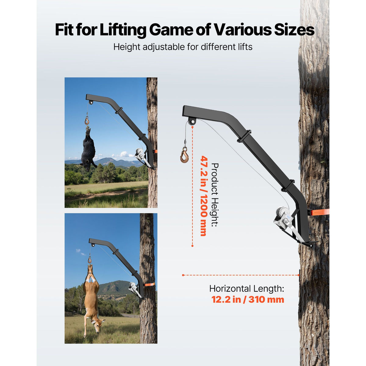 Tree Mounted Deer Hoist, 353 lbs Load Capacity, Hunting Game Hoist Winch Lift with Ratchet Strap, Heavy Duty Deer Hanger for Skinning, Cleaning, Hanging Feed, and Field Dressing, Black
