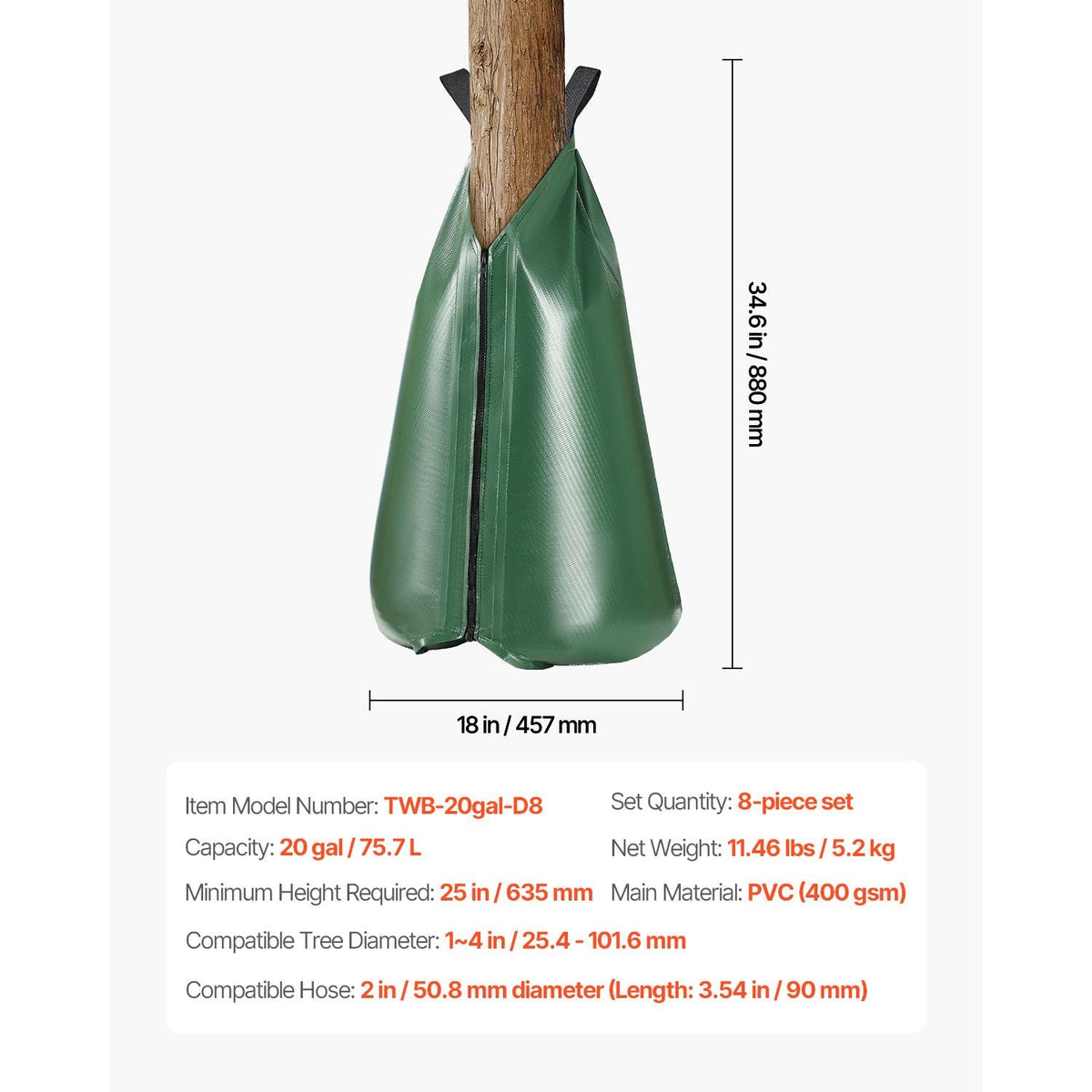 Tree Watering Bag, 8 Packs 20 Gallons Watering Bags for New Trees, 5-9 Hours Slow Release Refillable Tree Drip Irrigation Bags with Zipper, Durable Tree Watering System for Deep Root Targeting