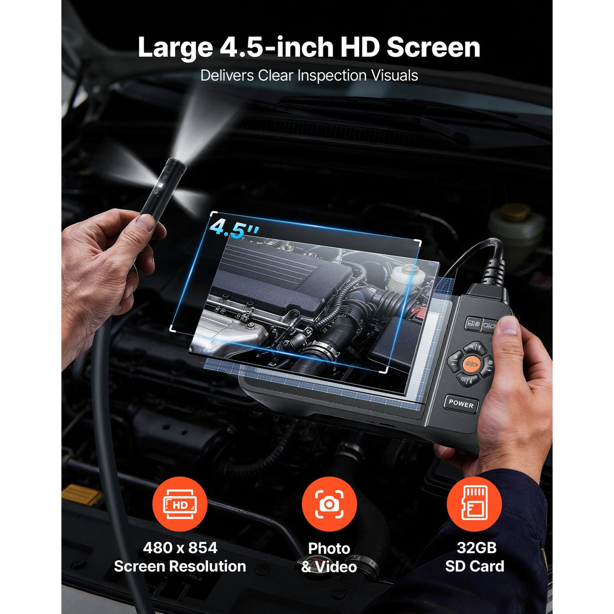 Triple Lens Endoscope with Light, 4.5" HD IPS Screen Industrial Borescope Camera, 8 + 2 Lights, 8X Zoom, IP67 Waterproof Inspection Snake Camera for Automotive, Plumbing (16.4FT Rigid Cable)