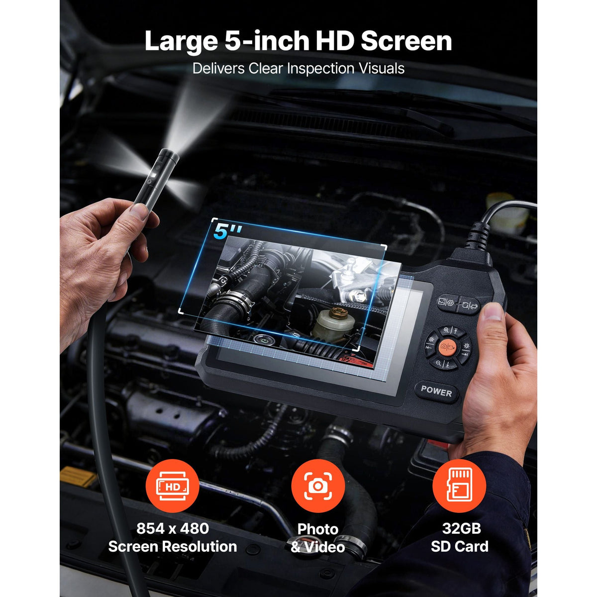Triple Lens Endoscope with Light, 5" HD IPS Screen Industrial Borescope, 1280 x 720 Lens, 8 + 2 LEDs, 8X Zoom, IP67 Waterproof Inspection Snake Camera for Auto, Plumbing (16.4FT Rigid Cable)