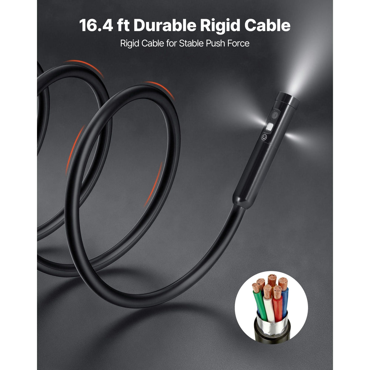 Triple Lens Endoscope with Light, 5" HD IPS Screen Industrial Borescope, 1280 x 720 Lens, 8 + 2 LEDs, 8X Zoom, IP67 Waterproof Inspection Snake Camera for Auto, Plumbing (16.4FT Rigid Cable)
