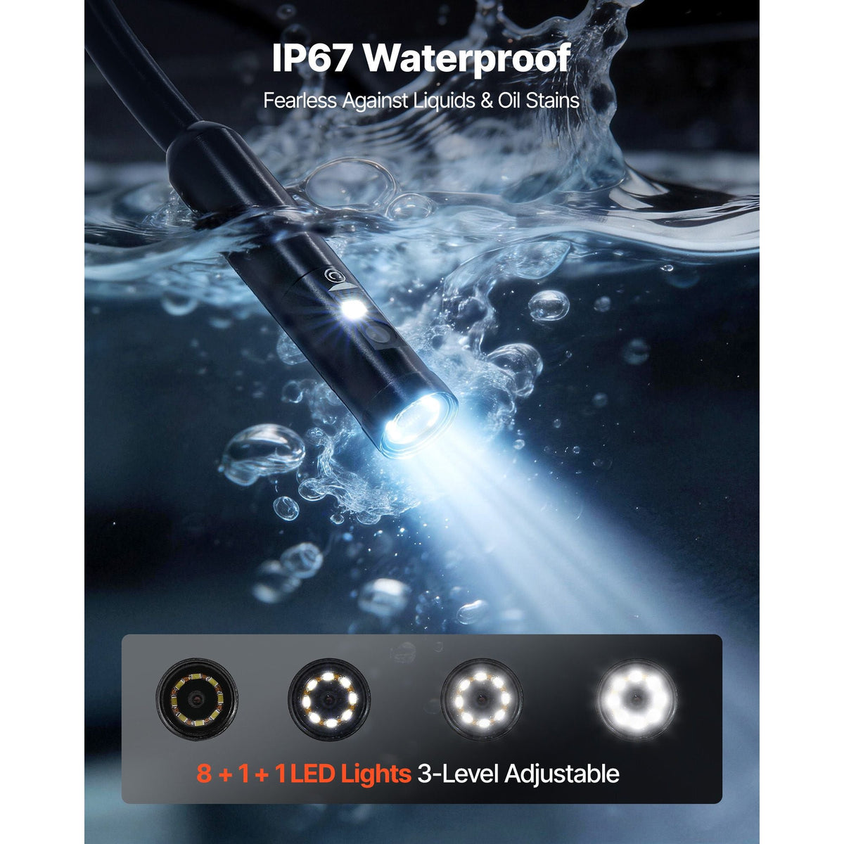Triple Lens Endoscope with Light, 5" HD IPS Screen Industrial Borescope, 1280 x 720 Lens, 8 + 2 LEDs, 8X Zoom, IP67 Waterproof Inspection Snake Camera for Auto, Plumbing (16.4FT Rigid Cable)