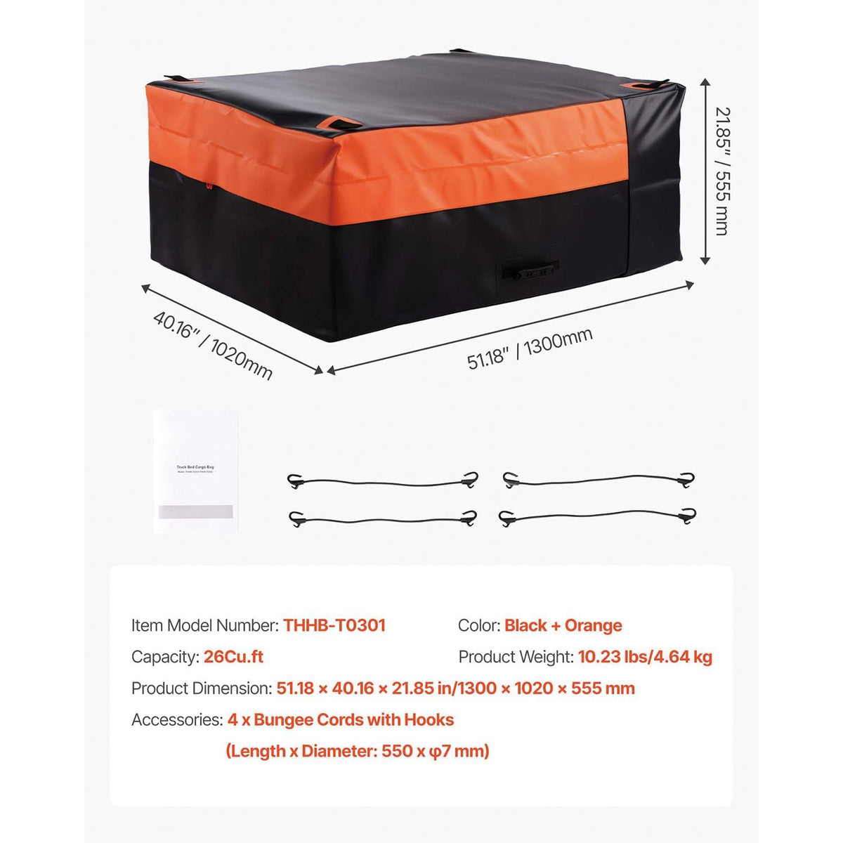 Truck Bed Cargo Bag, Waterproof 840D PVC, 51.18 x 40.16 x 21.85 in (26 Cubic Feet), Heavy Duty Cargo Bag for Truck Bed with 4 Bungee Cords with Hooks, Fits a Variety of SUV and Pickup Trucks