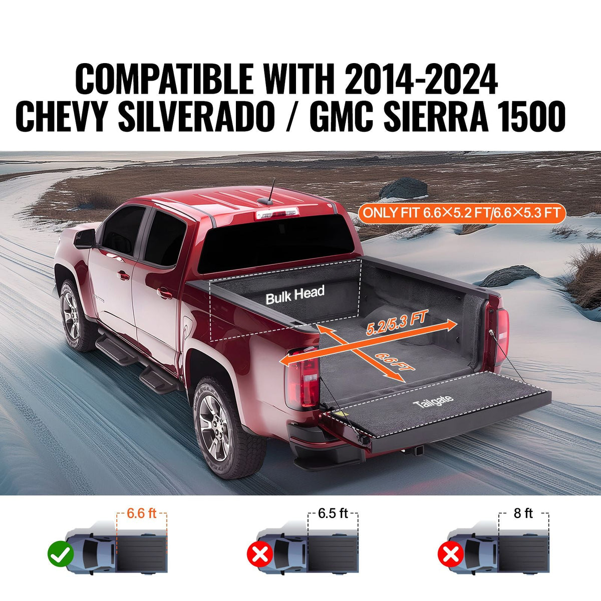 Truck Bed Cover, Roll Up Truck Bed Tonneau Cover, Compatible with 2014-2024 Chevy Silverado / GMC Sierra 1500, for 6.6 x 5.2 ft / 6.6 x 5.3 ft Bed, Soft PVC material, Roll Up Tonneau Cover