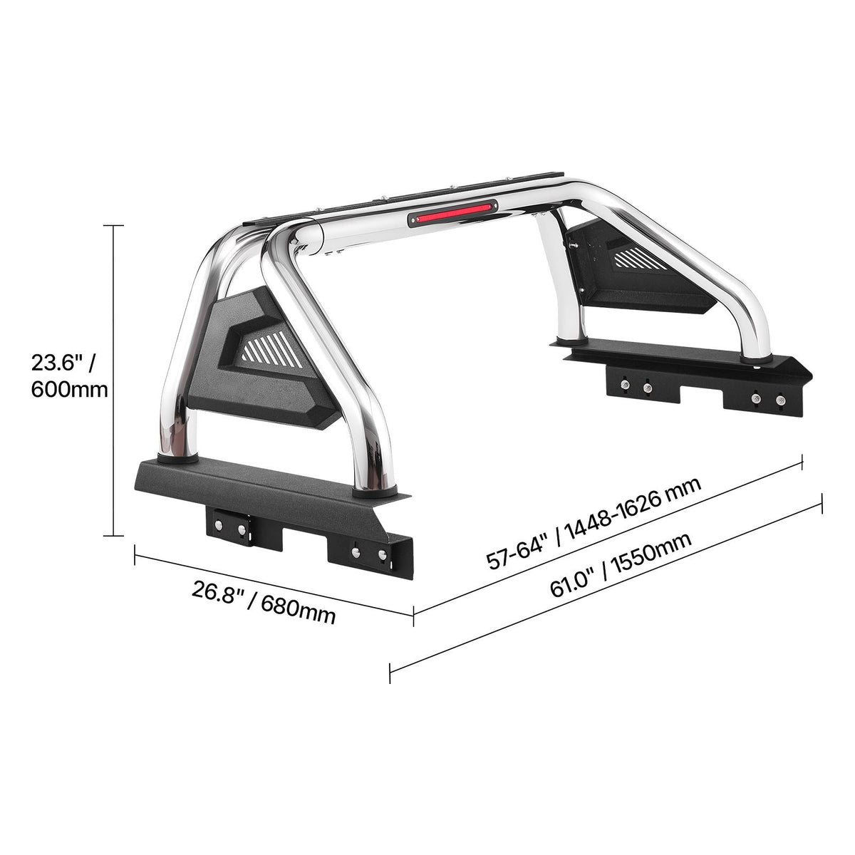 Truck Bed Roll Bar, Universal Adjustable Sport Bar Chase Rack Compatible with Full-Size & Mid-Size Pickup, With LED Brake Light, Stainless Steel + Carbon Steel No Rack Included