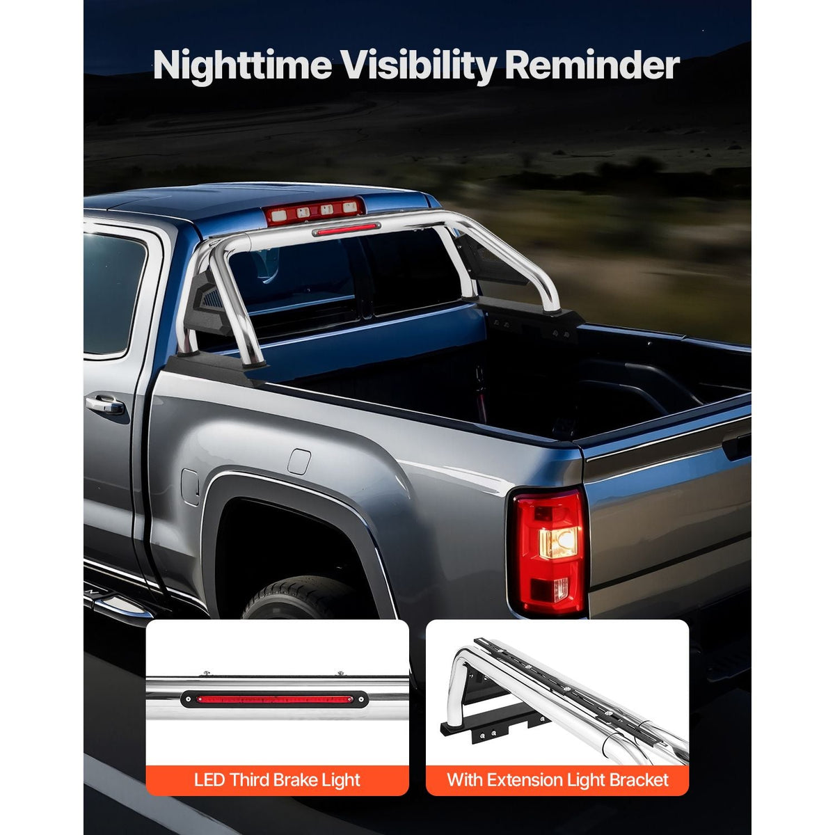 Truck Bed Roll Bar, Universal Adjustable Sport Bar Chase Rack Compatible with Full-Size & Mid-Size Pickup, With LED Brake Light, Stainless Steel + Carbon Steel No Rack Included