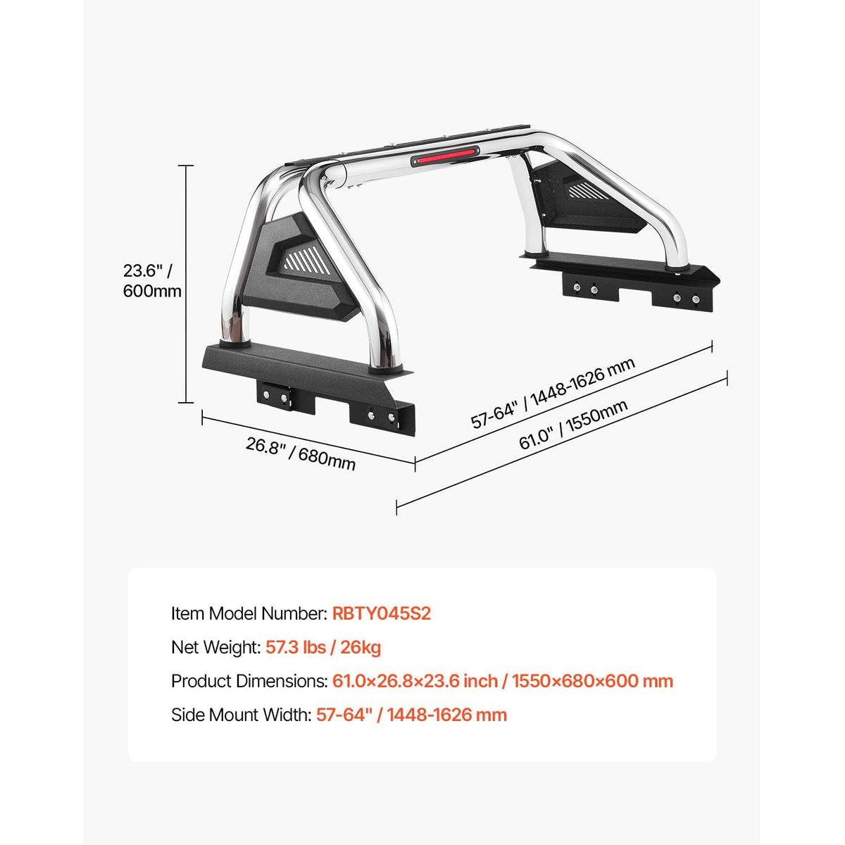 Truck Bed Roll Bar, Universal Adjustable Sport Bar Chase Rack Compatible with Full-Size & Mid-Size Pickup, With LED Brake Light, Stainless Steel + Carbon Steel No Rack Included