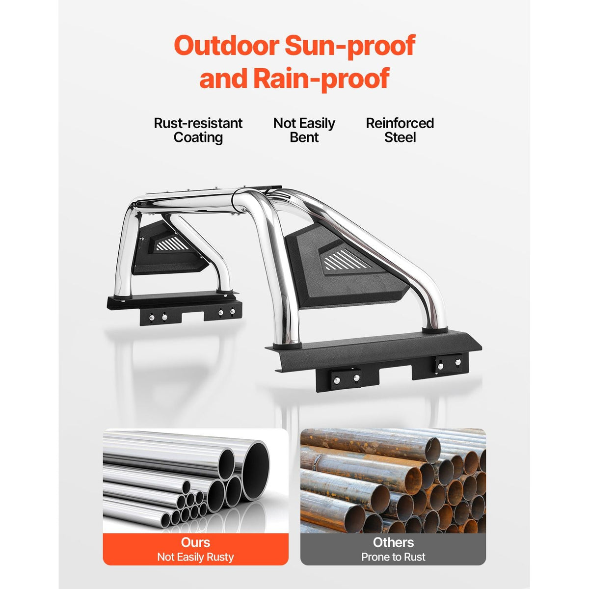 Truck Bed Roll Bar, Universal Adjustable Sport Bar Chase Rack Compatible with Full-Size & Mid-Size Pickup, With LED Brake Light, Stainless Steel + Carbon Steel No Rack Included