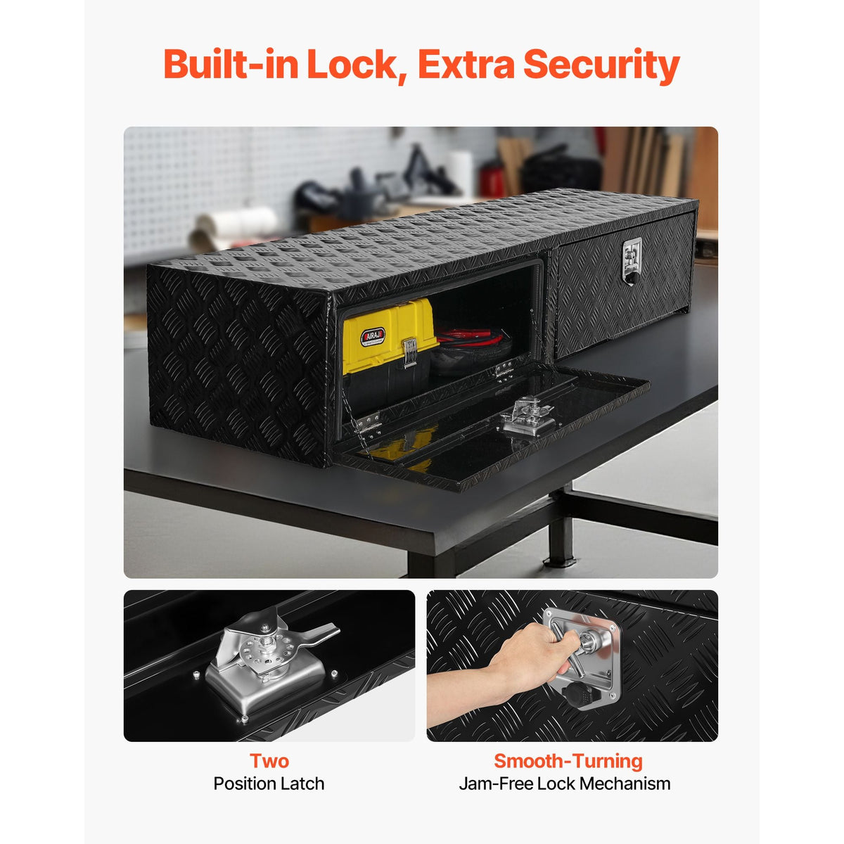 Truck Tool Box, 72 x 13 x 16 Inch, Black Aluminum Tread Topsider Toolbox with Dual Drop Doors, Heavy Duty Lockable Storage and Organization Box with Latch, Corrosion-Resistant, for Truck Bed