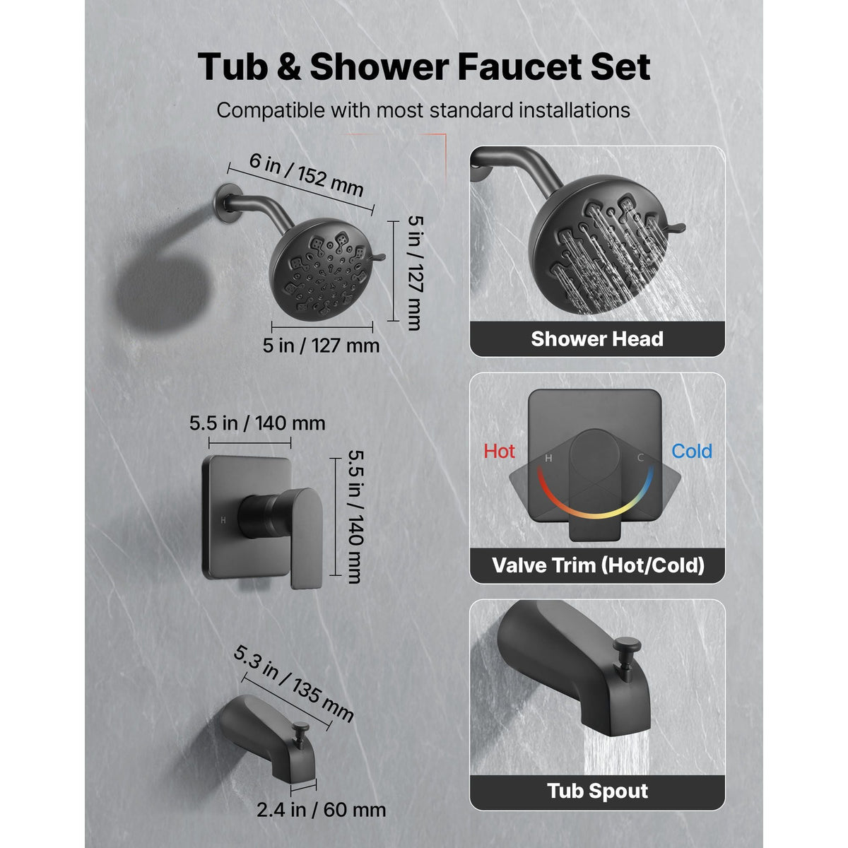Tub and Shower Faucet Set, 5-Inch Rainfall Shower Head and Bathtub Spout, Complete Single-Handle Tub Trim Kit with Brass Pressure Balancing Valve, 8-Setting Adjustable Spray Modes, Matte Black