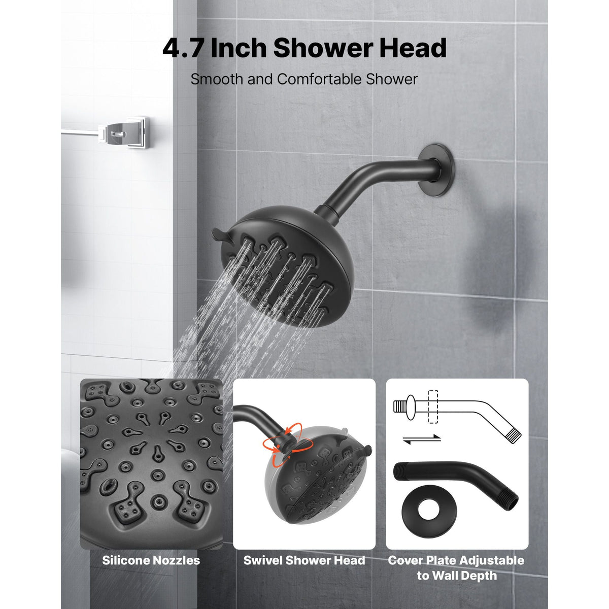 Tub and Shower Faucet Set, Complete with 4.7-Inch Rainfall Shower Head and Bathtub Spout, 9-Setting Adjustable Spray, Single-Handle Tub Trim Kit with Brass Pressure Balancing Valve, Matte Black