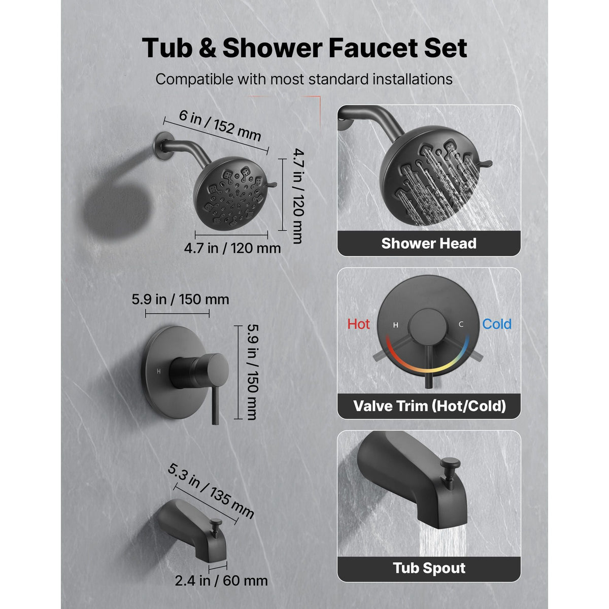 Tub and Shower Faucet Set, Complete with 4.7-Inch Rainfall Shower Head and Bathtub Spout, 9-Setting Adjustable Spray, Single-Handle Tub Trim Kit with Brass Pressure Balancing Valve, Matte Black