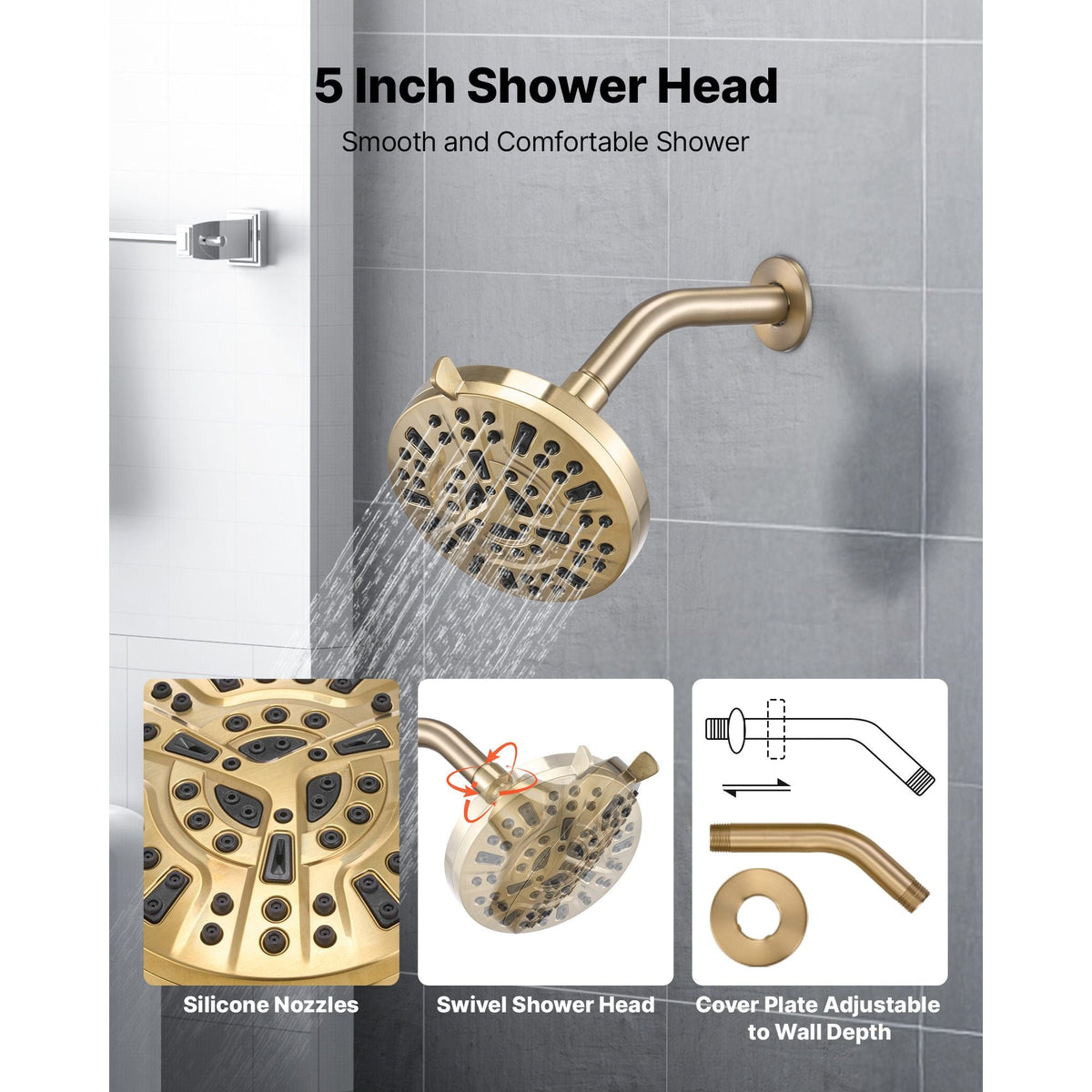 Tub and Shower Faucet Set, Complete with 5-Inch Rainfall Shower Head and Bathtub Spout, 8-Setting Adjustable Spray, Single-Handle Tub Trim Kit with Brass Pressure Balancing Valve, Gold Finish