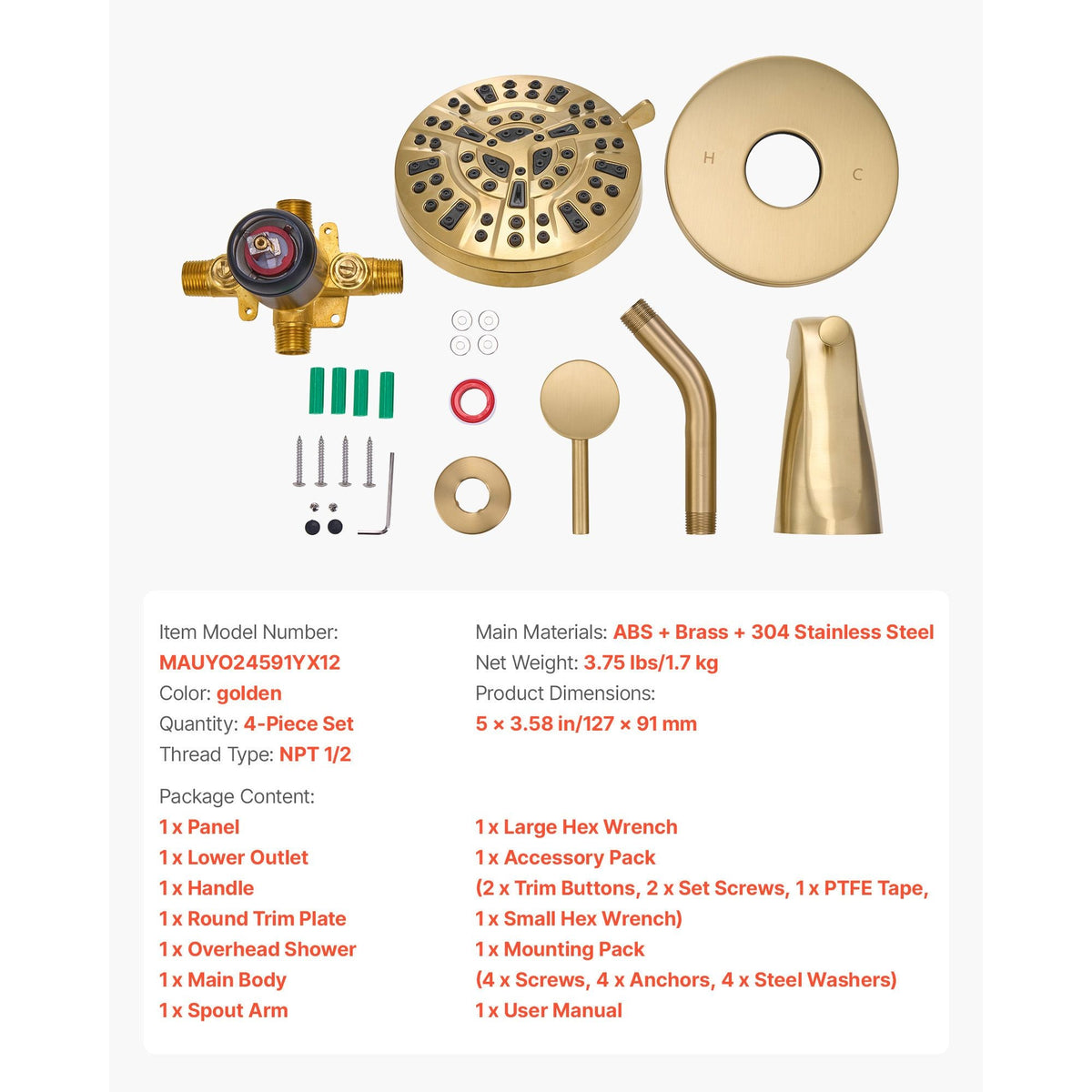 Tub and Shower Faucet Set, Complete with 5-Inch Rainfall Shower Head and Bathtub Spout, 8-Setting Adjustable Spray, Single-Handle Tub Trim Kit with Brass Pressure Balancing Valve, Gold Finish