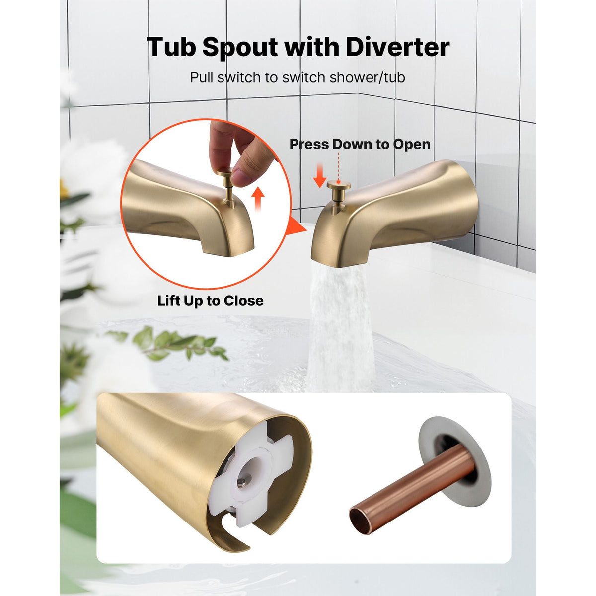Tub and Shower Faucet Set, Complete with 5-Inch Rainfall Shower Head and Bathtub Spout, 8-Setting Adjustable Spray, Single-Handle Tub Trim Kit with Brass Pressure Balancing Valve, Gold Finish