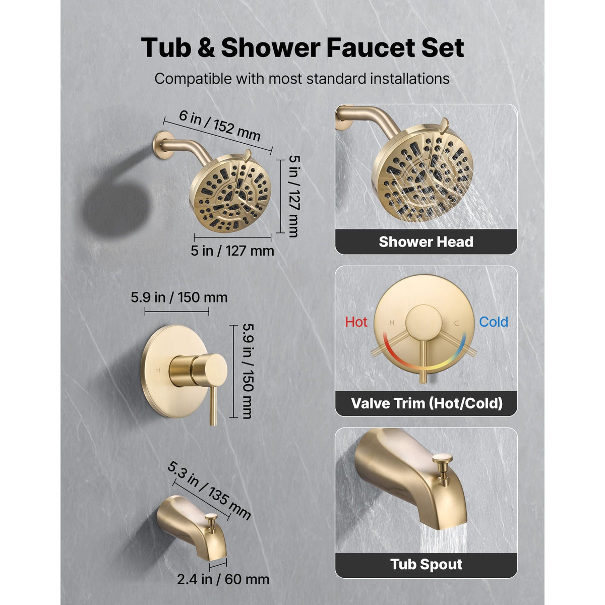 Tub and Shower Faucet Set, Complete with 5-Inch Rainfall Shower Head and Bathtub Spout, 8-Setting Adjustable Spray, Single-Handle Tub Trim Kit with Brass Pressure Balancing Valve, Gold Finish