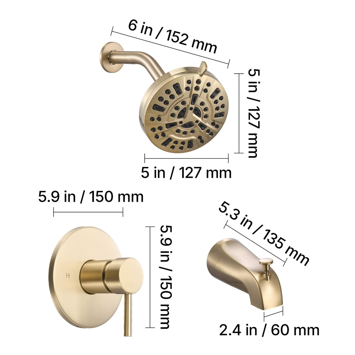 Tub and Shower Faucet Set, Complete with 5-Inch Rainfall Shower Head and Bathtub Spout, 8-Setting Adjustable Spray, Single-Handle Tub Trim Kit with Brass Pressure Balancing Valve, Gold Finish