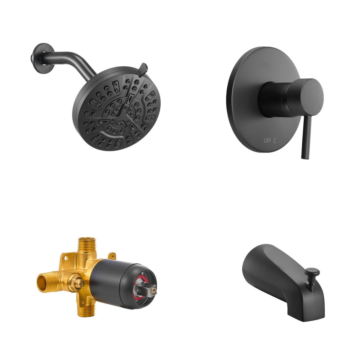 Tub and Shower Faucet Set, Complete with 5-Inch Rainfall Shower Head and Bathtub Spout, 8-Setting Adjustable Spray, Single-Handle Tub Trim Kit with Brass Pressure Balancing Valve, Matte Black