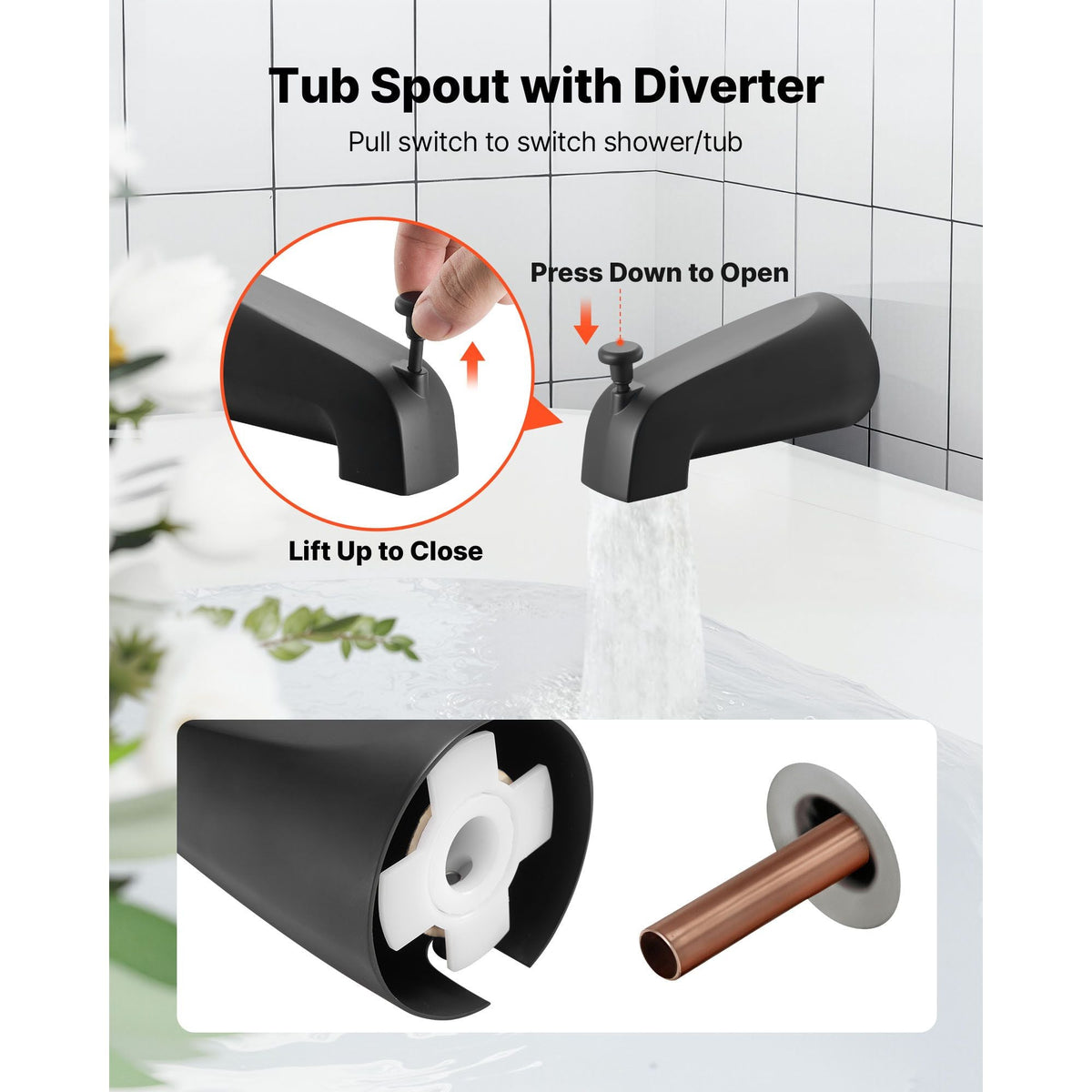 Tub and Shower Faucet Set, Complete with 5-Inch Rainfall Shower Head and Bathtub Spout, 8-Setting Adjustable Spray, Single-Handle Tub Trim Kit with Brass Pressure Balancing Valve, Matte Black