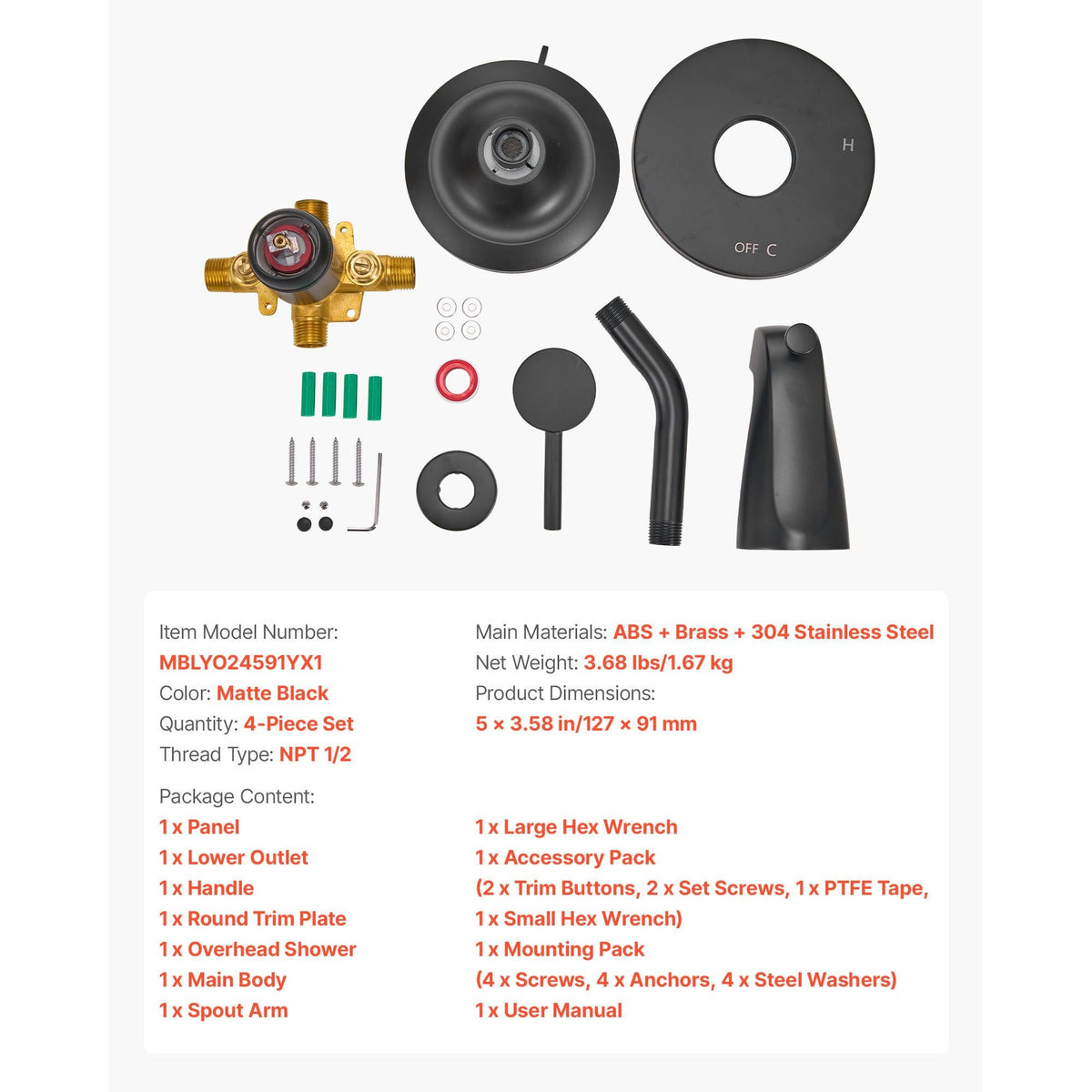 Tub and Shower Faucet Set, Complete with 5-Inch Rainfall Shower Head and Bathtub Spout, 8-Setting Adjustable Spray, Single-Handle Tub Trim Kit with Brass Pressure Balancing Valve, Matte Black