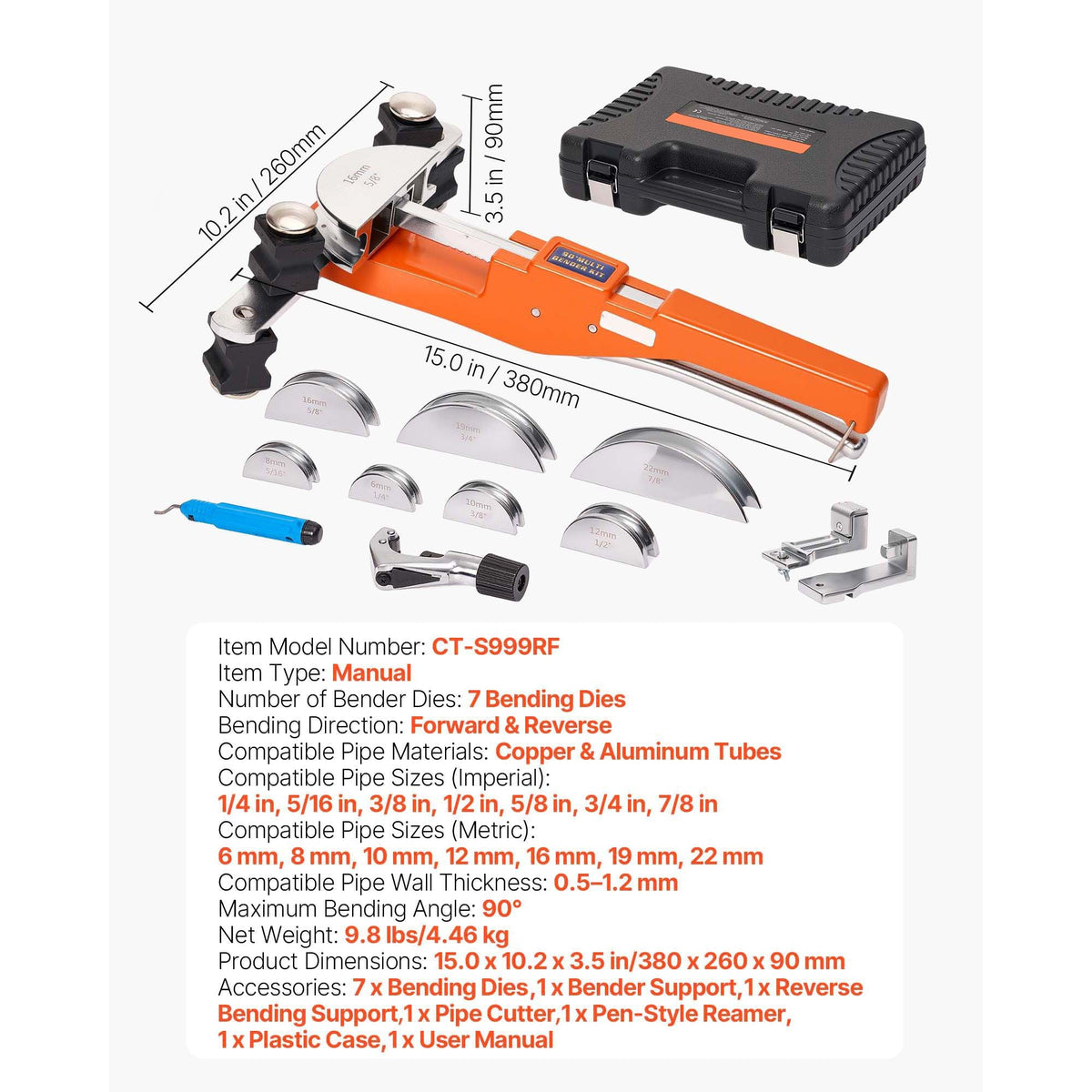 Tubing Bender Kit, 1/4 to 7/8 Inch, Compact Ratcheting Tube Pipe Bender, Forward/Reverse Hand Bending Tool, with 7 Aluminium Alloy Dies, for Copper HVAC Air Conditioning Refrigeration Repair