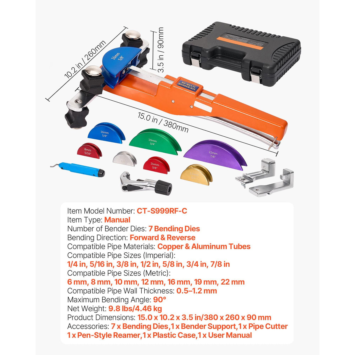 Tubing Bender Kit, 1/4 to 7/8 Inch, Compact Ratcheting Tube Pipe Bender, Forward/Reverse Hand Bending Tool, with 7 Color Aluminium Alloy Dies, for Copper HVAC Air Conditioning Refrigeration