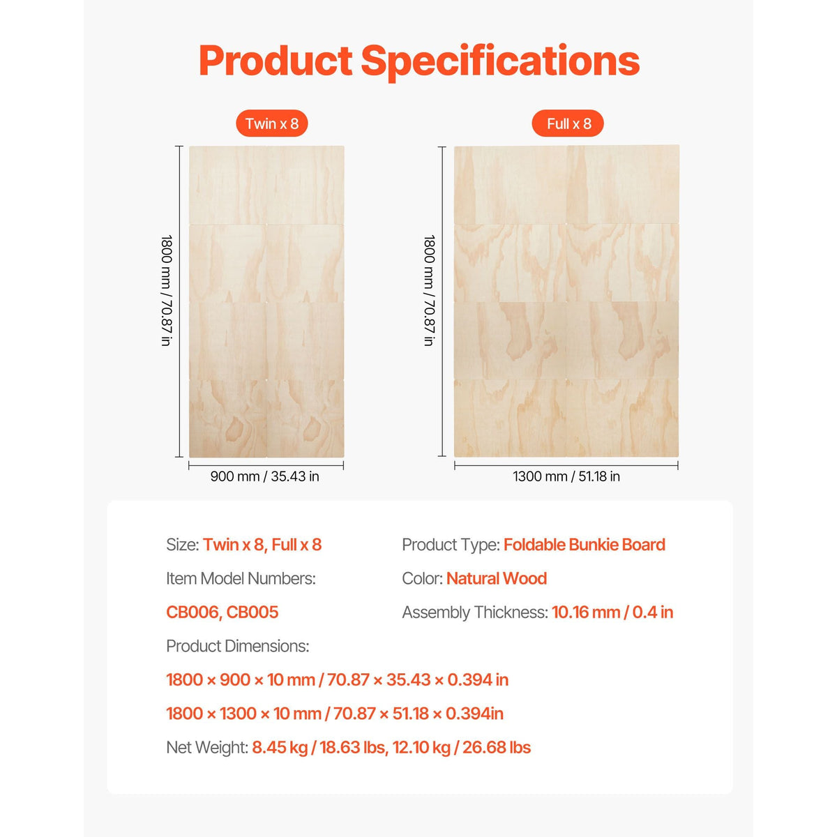 Twin Size Bunkie Board, 0.4 in Foldable Bed Board Slats with Connection, Wooden Mattress Support for Twin Size Bed, Support under Mattress Boards, Ready to Use, 8 Piece, Burlywood