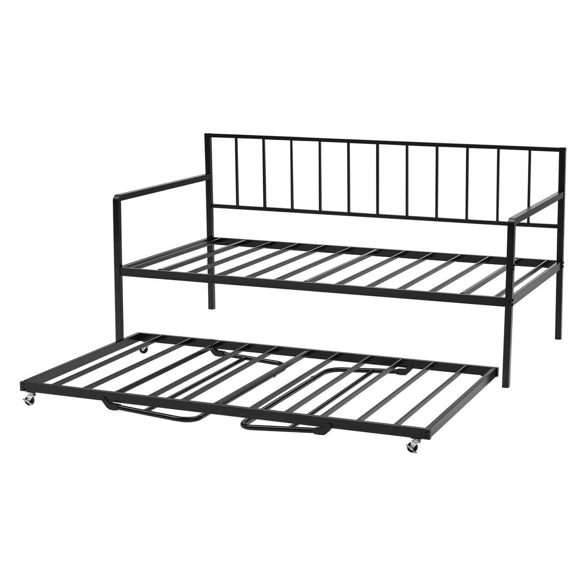 Twin Size Daybed Frame, Height Adjustable Day Bed with Trundle, Heavy Duty Metal Platform Bed Frame with LED Light and Charging Station, Twin Daybed with Metal Slats for Living Room, Bedroom