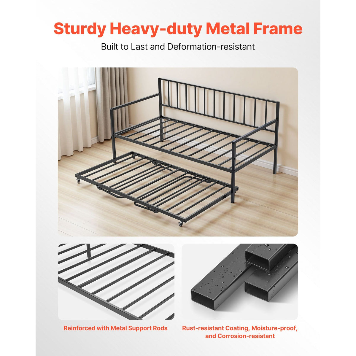 Twin Size Daybed Frame, Height Adjustable Day Bed with Trundle, Heavy Duty Metal Platform Bed Frame with LED Light and Charging Station, Twin Daybed with Metal Slats for Living Room, Bedroom