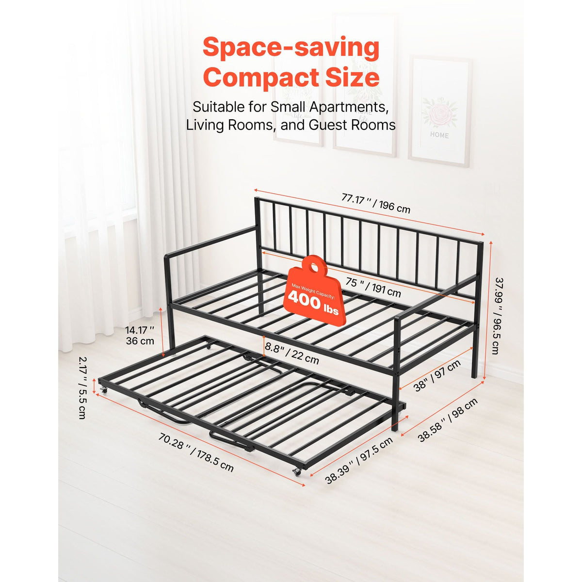 Twin Size Daybed Frame, Height Adjustable Day Bed with Trundle, Heavy Duty Metal Platform Bed Frame with LED Light and Charging Station, Twin Daybed with Metal Slats for Living Room, Bedroom
