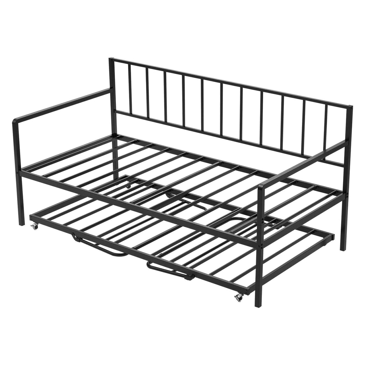 Twin Size Daybed Frame, Height Adjustable Day Bed with Trundle, Heavy Duty Metal Platform Bed Frame with LED Light and Charging Station, Twin Daybed with Metal Slats for Living Room, Bedroom