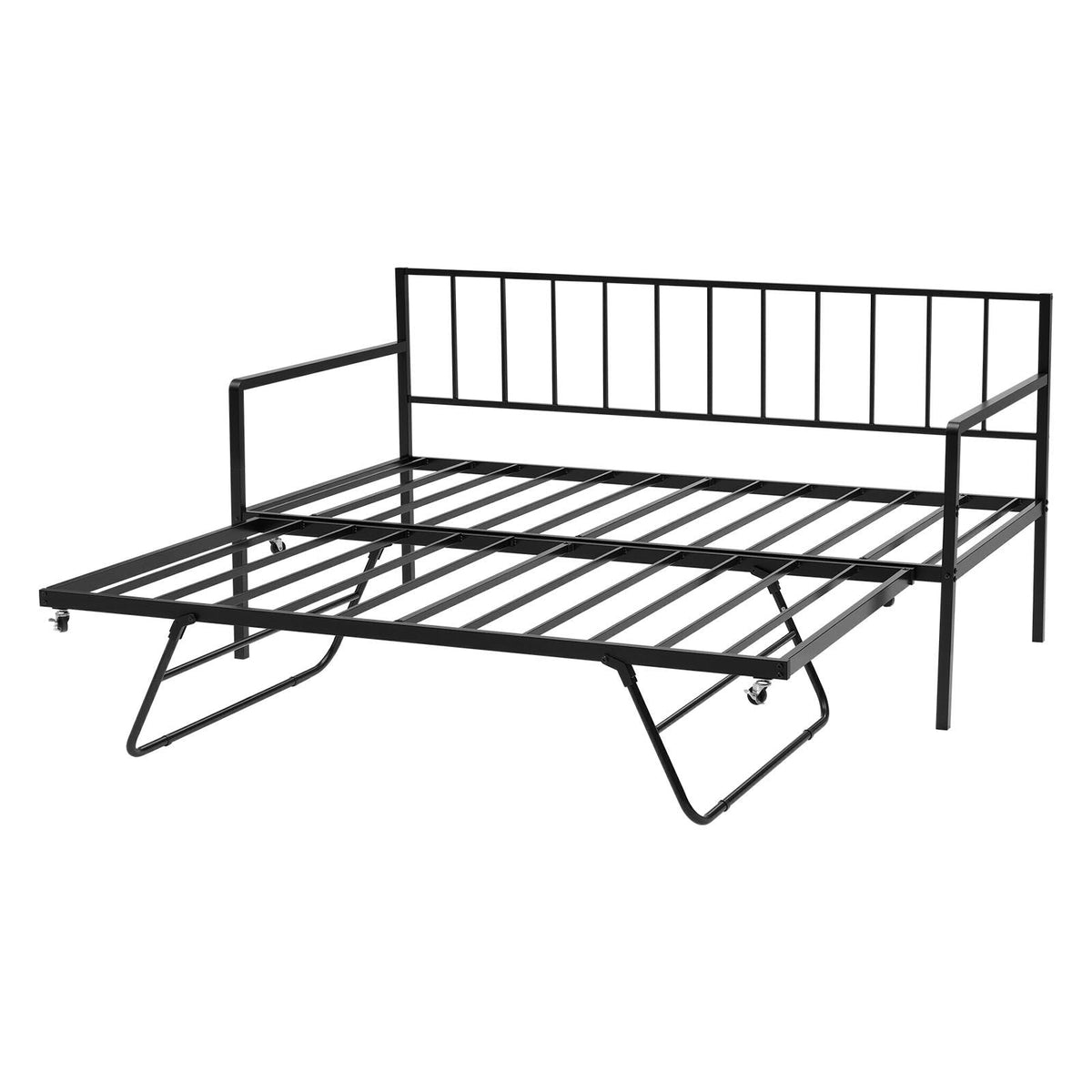 Twin Size Daybed Frame, Height Adjustable Day Bed with Trundle, Heavy Duty Metal Platform Bed Frame with LED Light and Charging Station, Twin Daybed with Metal Slats for Living Room, Bedroom
