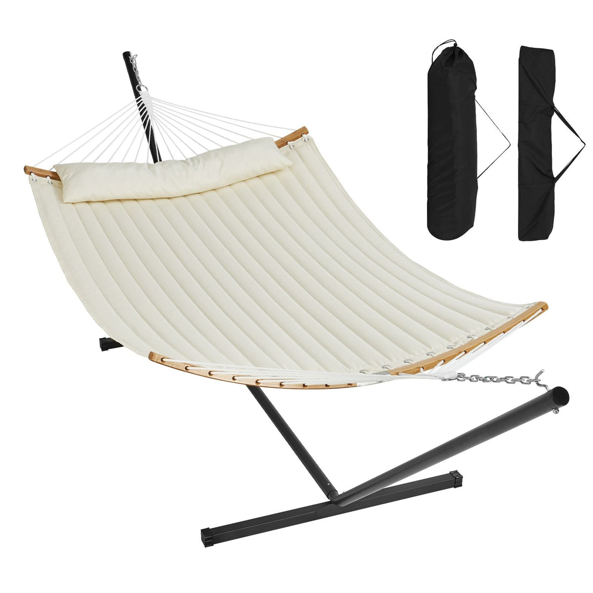 Two Person Hammock with Stand Included, Double Hammock with Curved Spreader Bar and Detachable Pillow and Portable Carrying Bag, Perfect for Outdoor Freestanding Hammock, 480lb Capacity