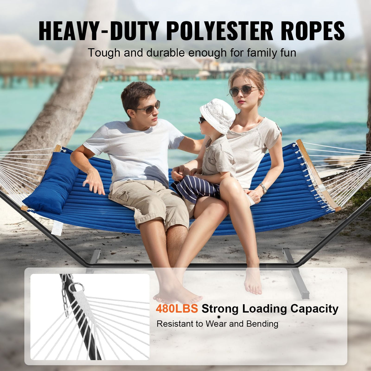 Two Person Hammock with Stand Included, Double Hammock with Curved Spreader Bar and Detachable Pillow and Portable Carrying Bag, Perfect for Outdoor Freestanding Hammock, 480lb Capacity
