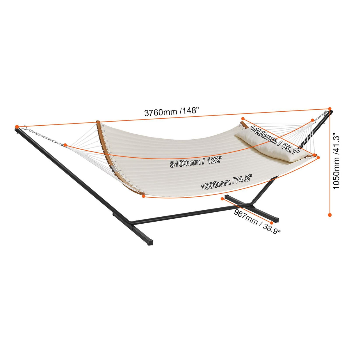 Two Person Hammock with Stand Included, Double Hammock with Curved Spreader Bar and Detachable Pillow and Portable Carrying Bag, Perfect for Outdoor Freestanding Hammock, 480lb Capacity