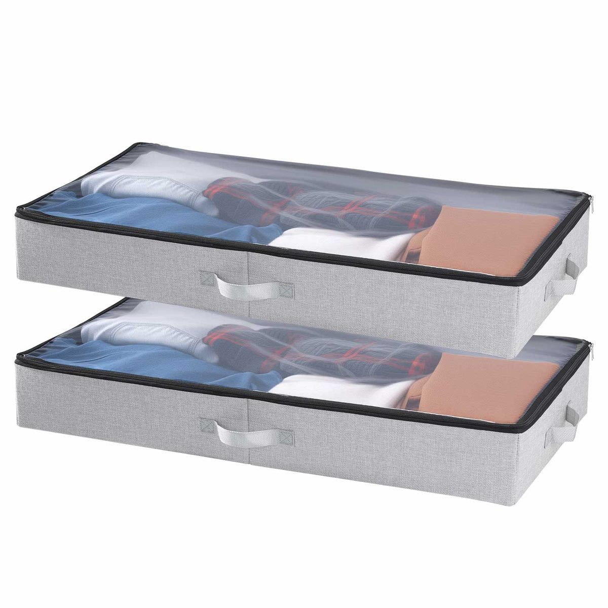 Under Bed Storage with Clear Lids, 33.5 x 16.9 x 4.7 Inch, 45L Large Underbed Clothes Storage Containers, Low Profile Under Bed Drawer Shoe Organizer Bins Box for Blanket Shoe Bedroom, 2 Pack