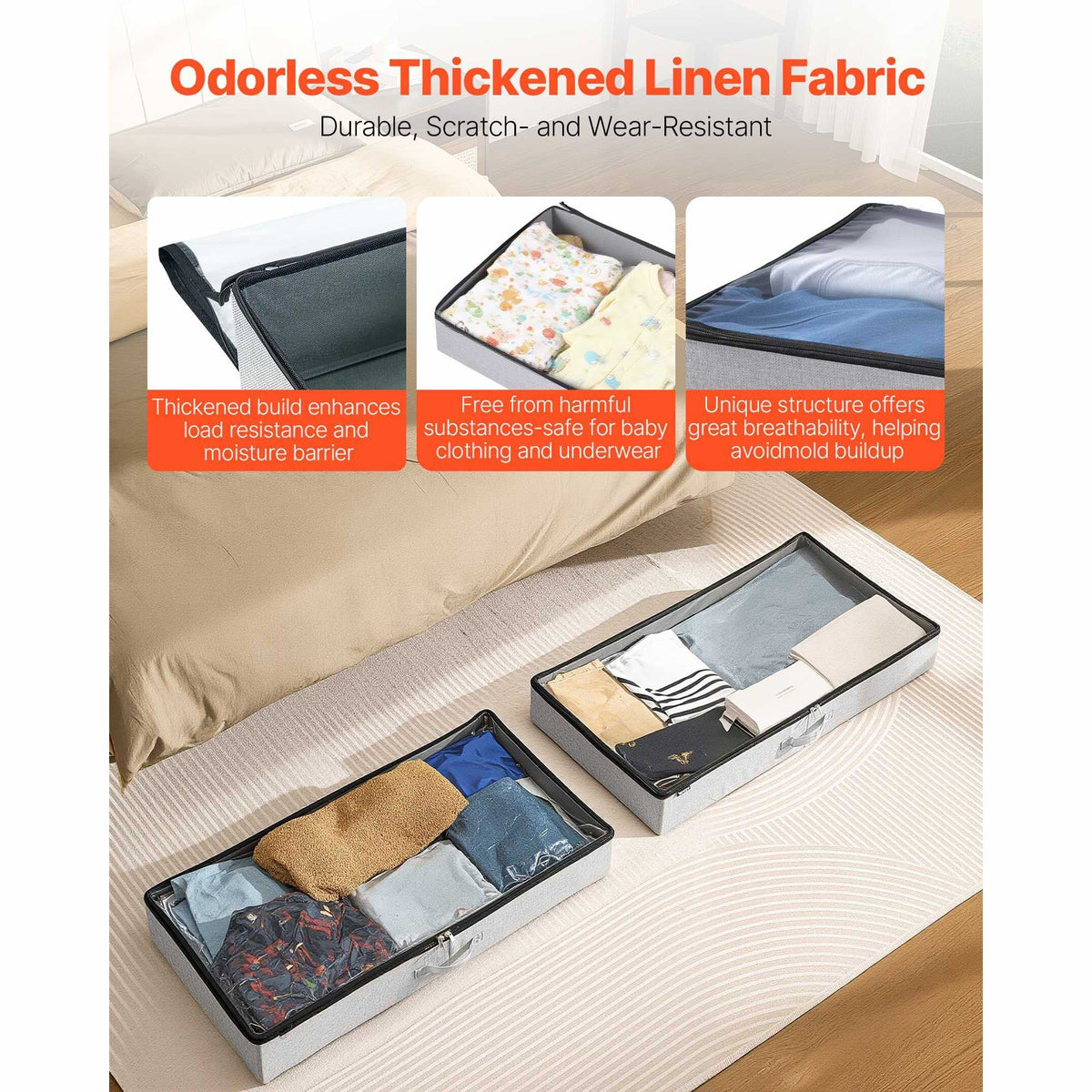Under Bed Storage with Clear Lids, 33.5 x 16.9 x 4.7 Inch, 45L Large Underbed Clothes Storage Containers, Low Profile Under Bed Drawer Shoe Organizer Bins Box for Blanket Shoe Bedroom, 2 Pack