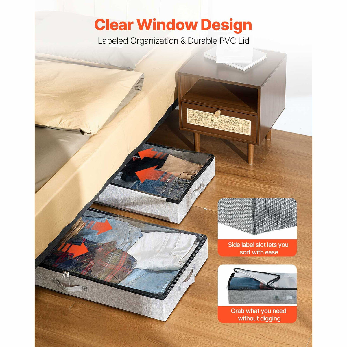 Under Bed Storage with Clear Lids, 33.5 x 16.9 x 4.7 Inch, 45L Large Underbed Clothes Storage Containers, Low Profile Under Bed Drawer Shoe Organizer Bins Box for Blanket Shoe Bedroom, 2 Pack