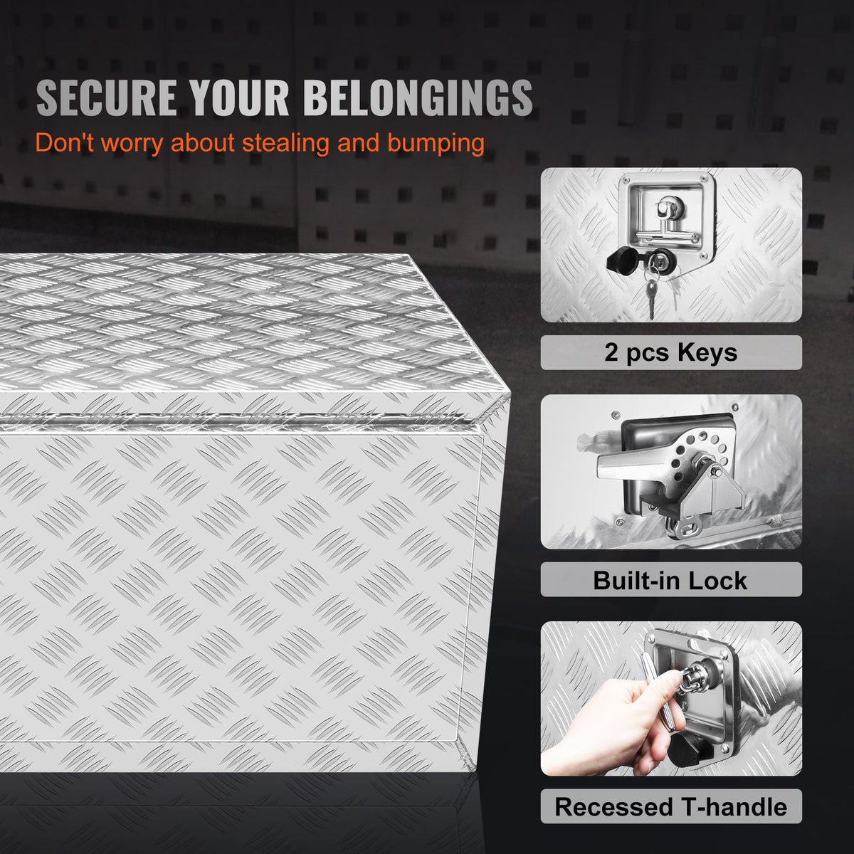 Underbody Truck Box, 60"×24"×24" Pickup Storage Box, Heavy Duty Aluminum Diamond Plate Tool Box with Lock and Keys, Waterproof Trailer Storage Box with T-Handle Latch for Truck, Van, Trailer