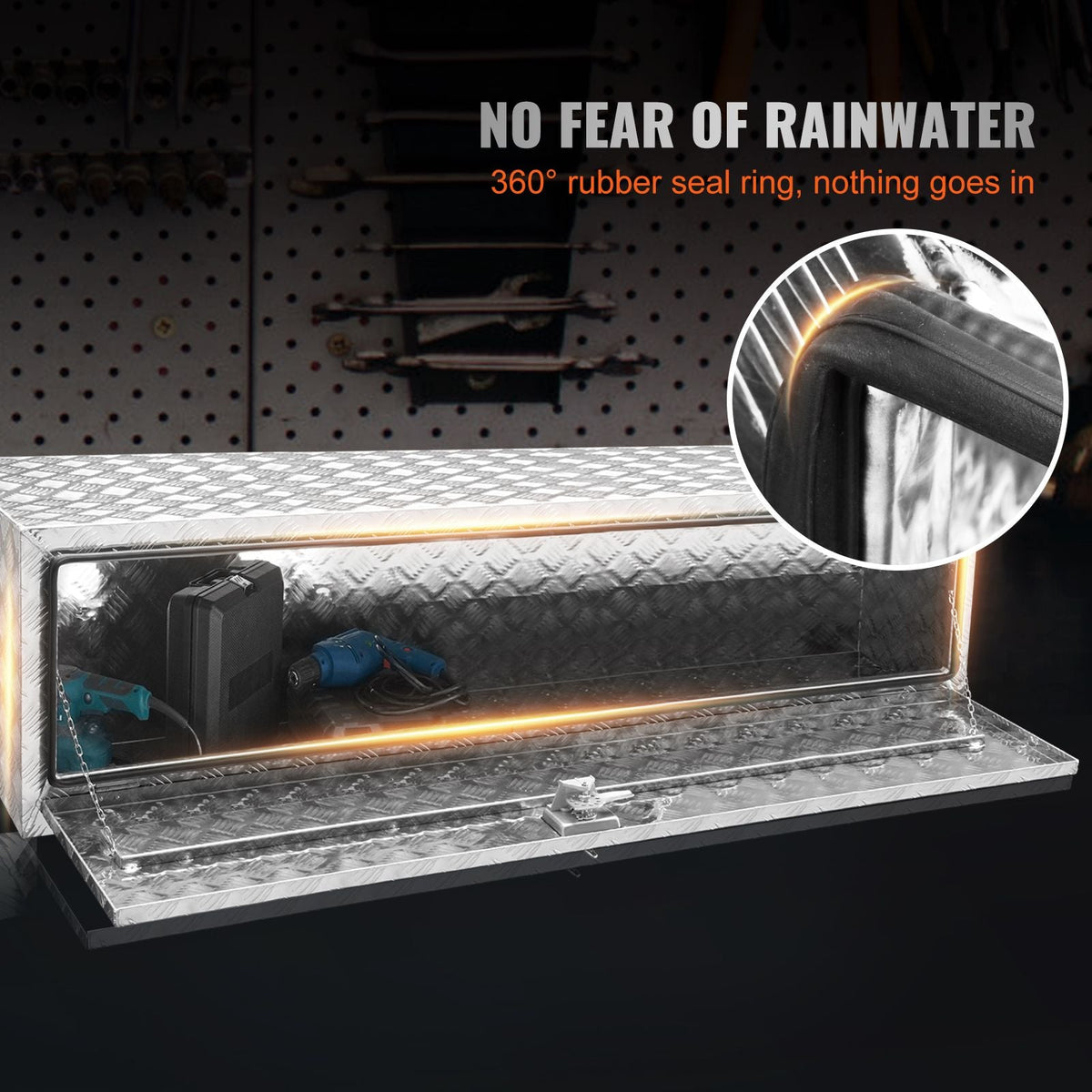 Underbody Truck Box, 60"×24"×24" Pickup Storage Box, Heavy Duty Aluminum Diamond Plate Tool Box with Lock and Keys, Waterproof Trailer Storage Box with T-Handle Latch for Truck, Van, Trailer