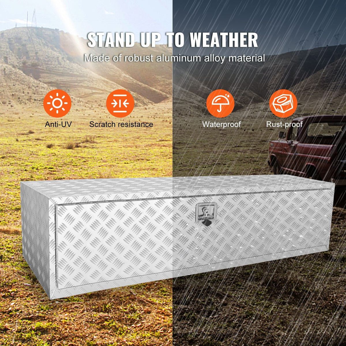 Underbody Truck Box, 60"×24"×24" Pickup Storage Box, Heavy Duty Aluminum Diamond Plate Tool Box with Lock and Keys, Waterproof Trailer Storage Box with T-Handle Latch for Truck, Van, Trailer