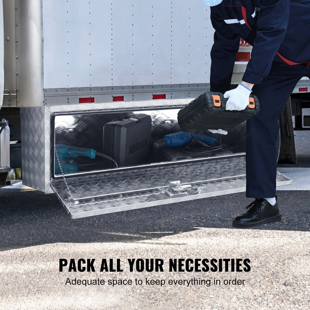 Underbody Truck Box, 60"×24"×24" Pickup Storage Box, Heavy Duty Aluminum Diamond Plate Tool Box with Lock and Keys, Waterproof Trailer Storage Box with T-Handle Latch for Truck, Van, Trailer